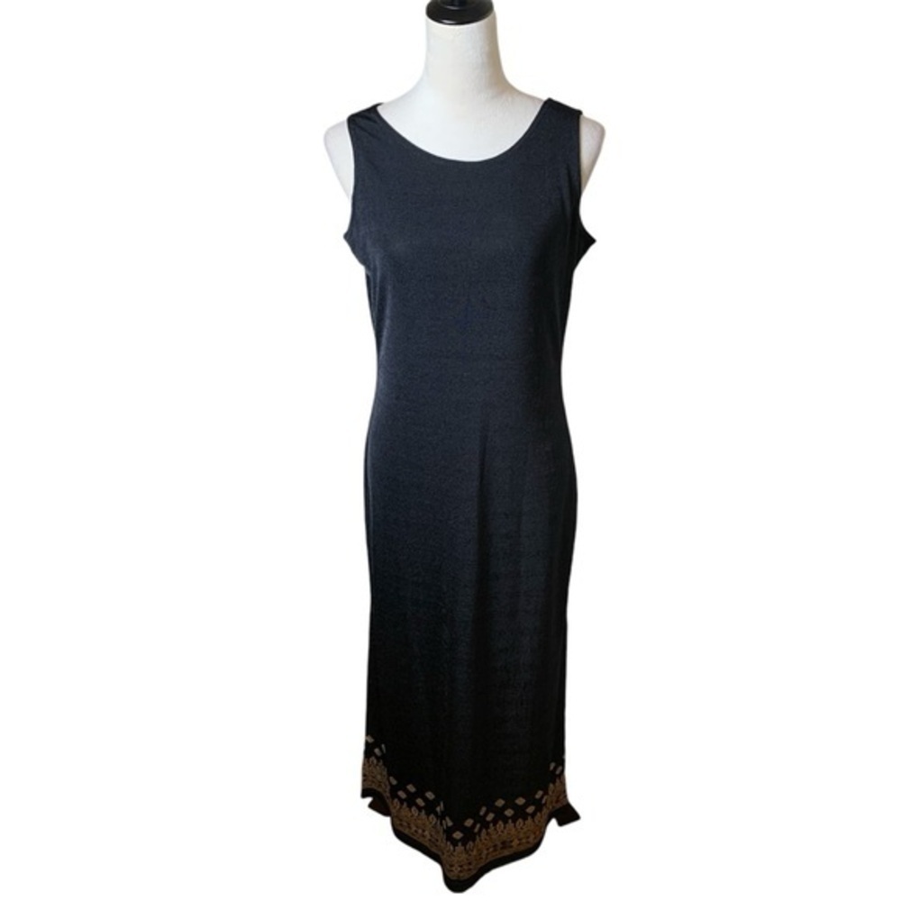 90s Reflections by Spiegel Black Gold Boho Maxi Dress M | Slinky Minimalist Chic